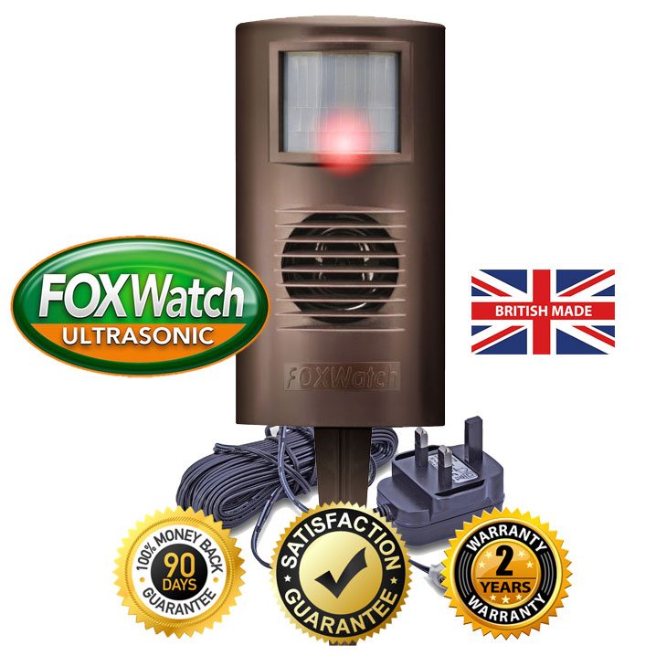 The FoxWatch Ultrasonic deterrent - 2 year manufacturer's warranty, 90-day moneyback guarantee, made in Britain.